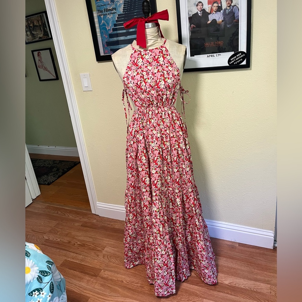 Pink and red floral tiered maxi dress